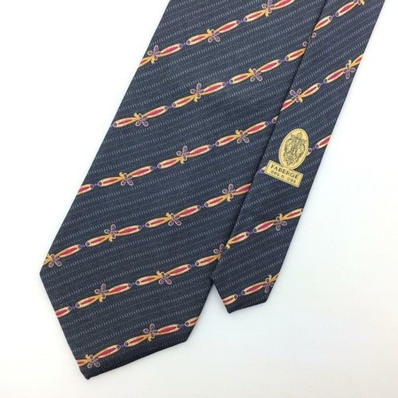 Fabergé Made In USA Tie Gray Red Gold Stripe Luxury Men Floral Silk Necktie L4-F - Picture 3 of 6